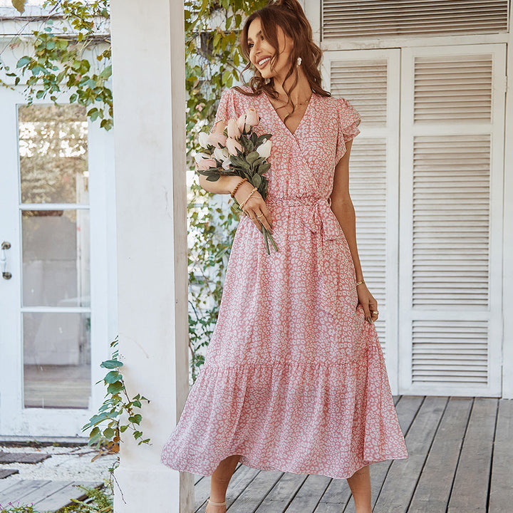 Vestido midi casual con cordones y estampado floral con cuello en V