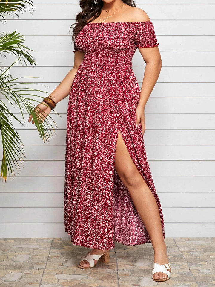 Plus-Size Bohemian Print Pleated Off-The-Shoulder Slit Casual Midi Dress