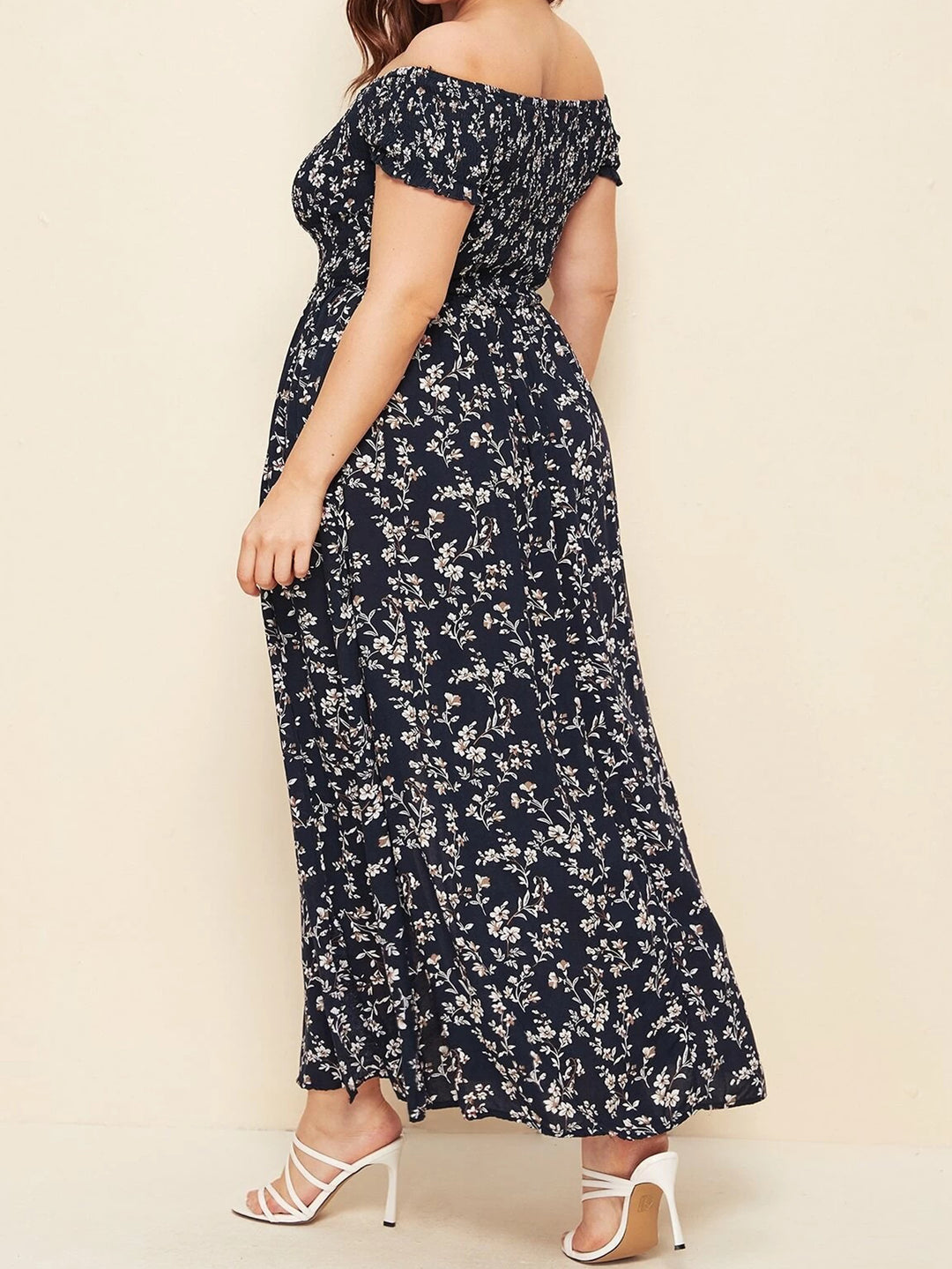 Plus-Size Bohemian Print Pleated Off-The-Shoulder Slit Casual Midi Dress