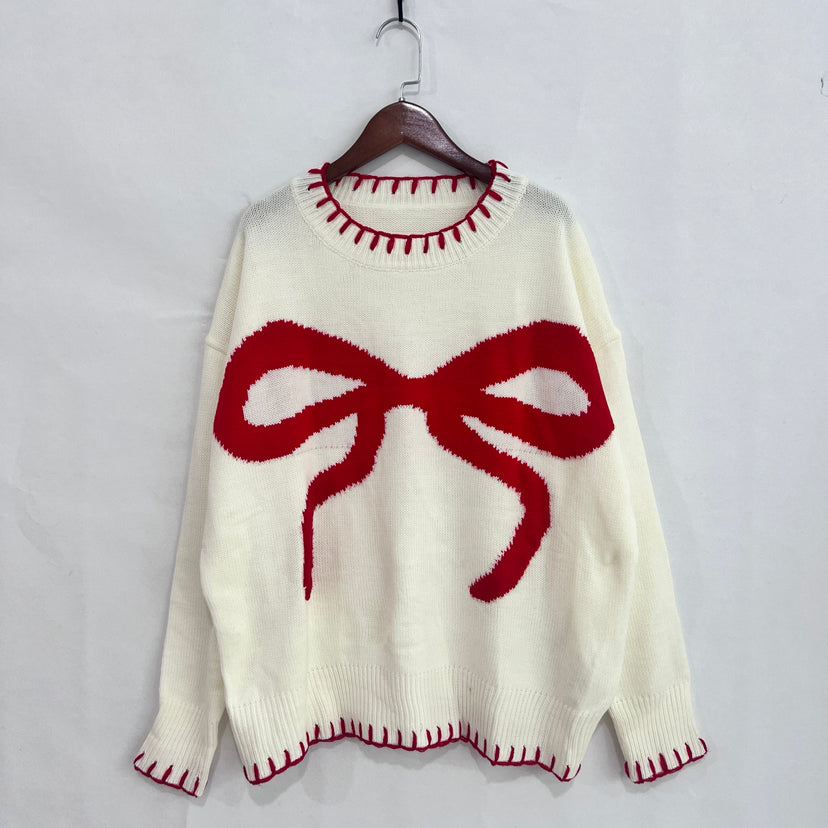 Cream Red Bow Knitted Sweater