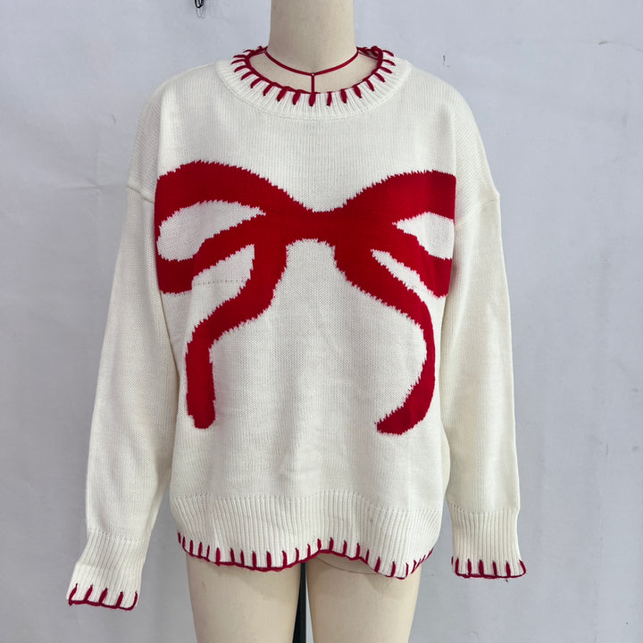 Cream Red Bow Knitted Sweater