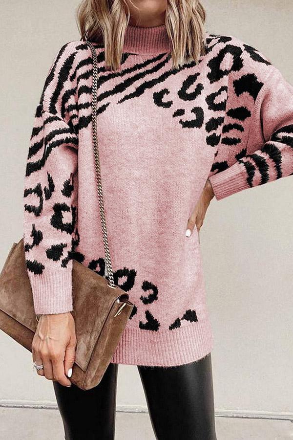 High Neck Leopard Long Sleeve Knit Sweater