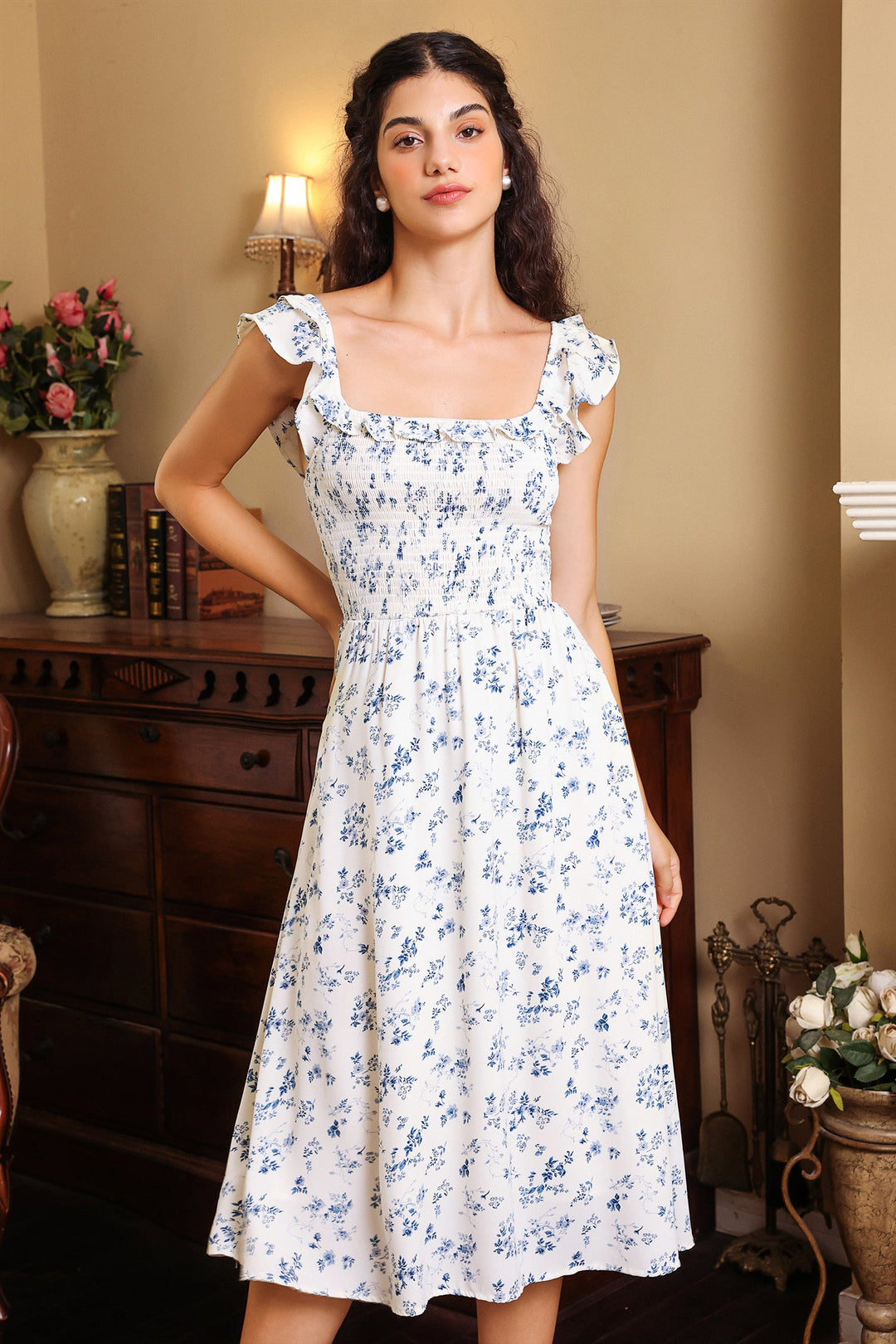 Floral Smocked Elastic Ruffle Hem Midi Dress