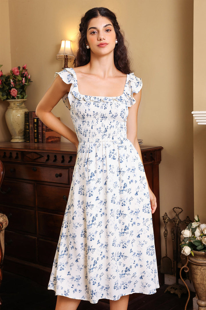 Floral Smocked Elastic Ruffle Hem Midi Dress