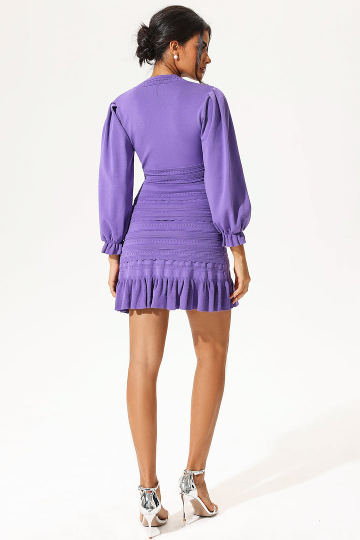 Purple Lantern Sleeves V-neck Layered Hem Mini Dress