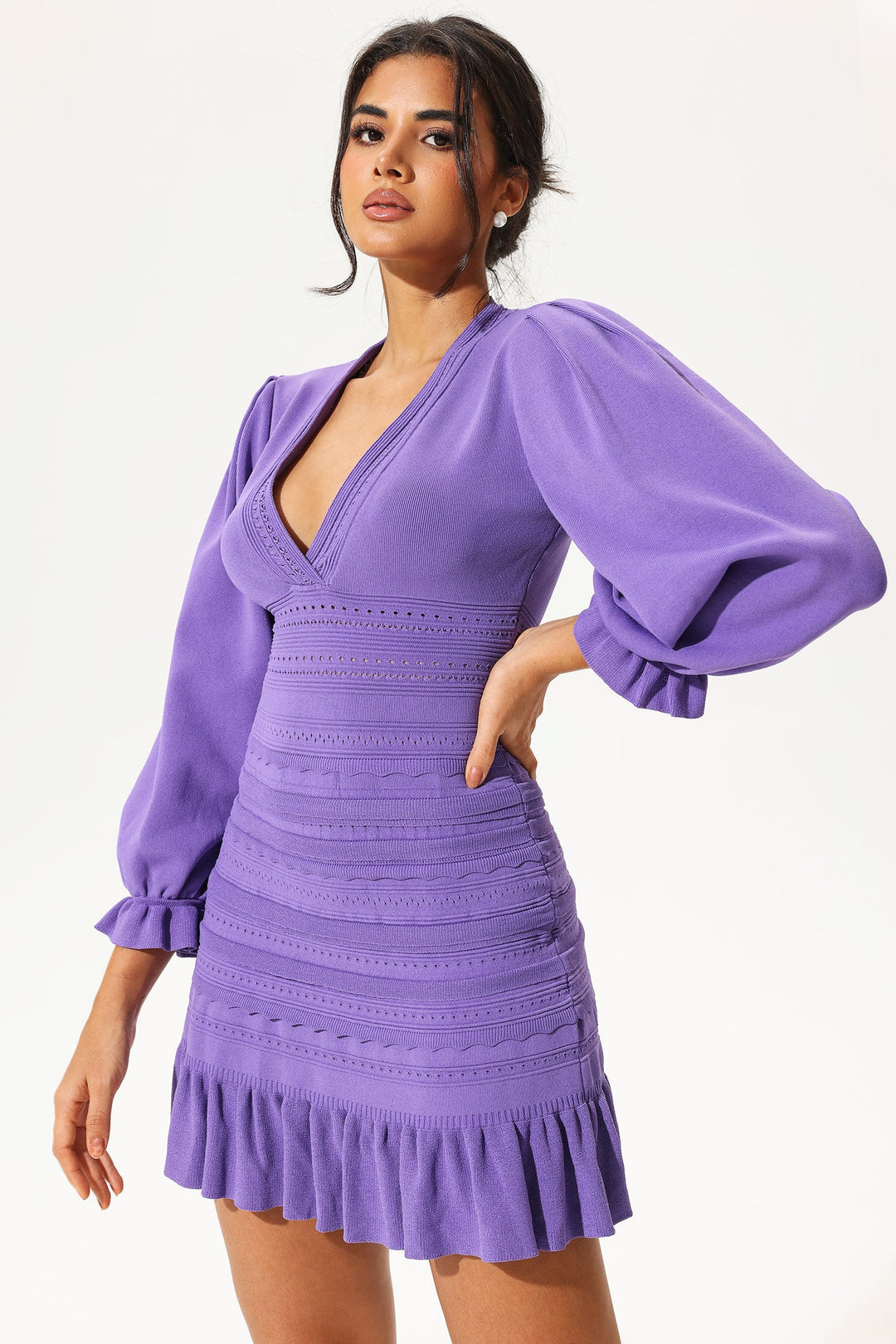 Purple Lantern Sleeves V-neck Layered Hem Mini Dress