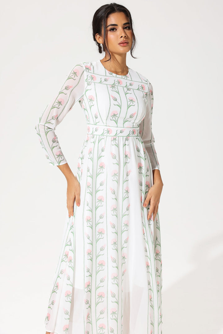 Floral Long Sleeve Crew Collar Silk Georgette Midi Dress