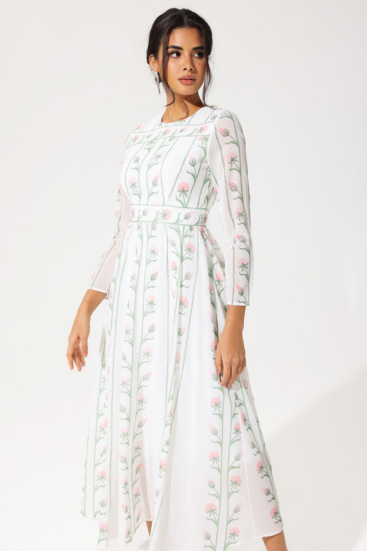 Floral Long Sleeve Crew Collar Silk Georgette Midi Dress