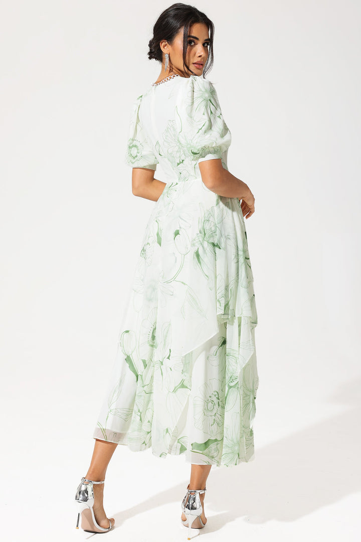 Floral Puff Sleeve V-Neck Tapered Waist Midi Dress