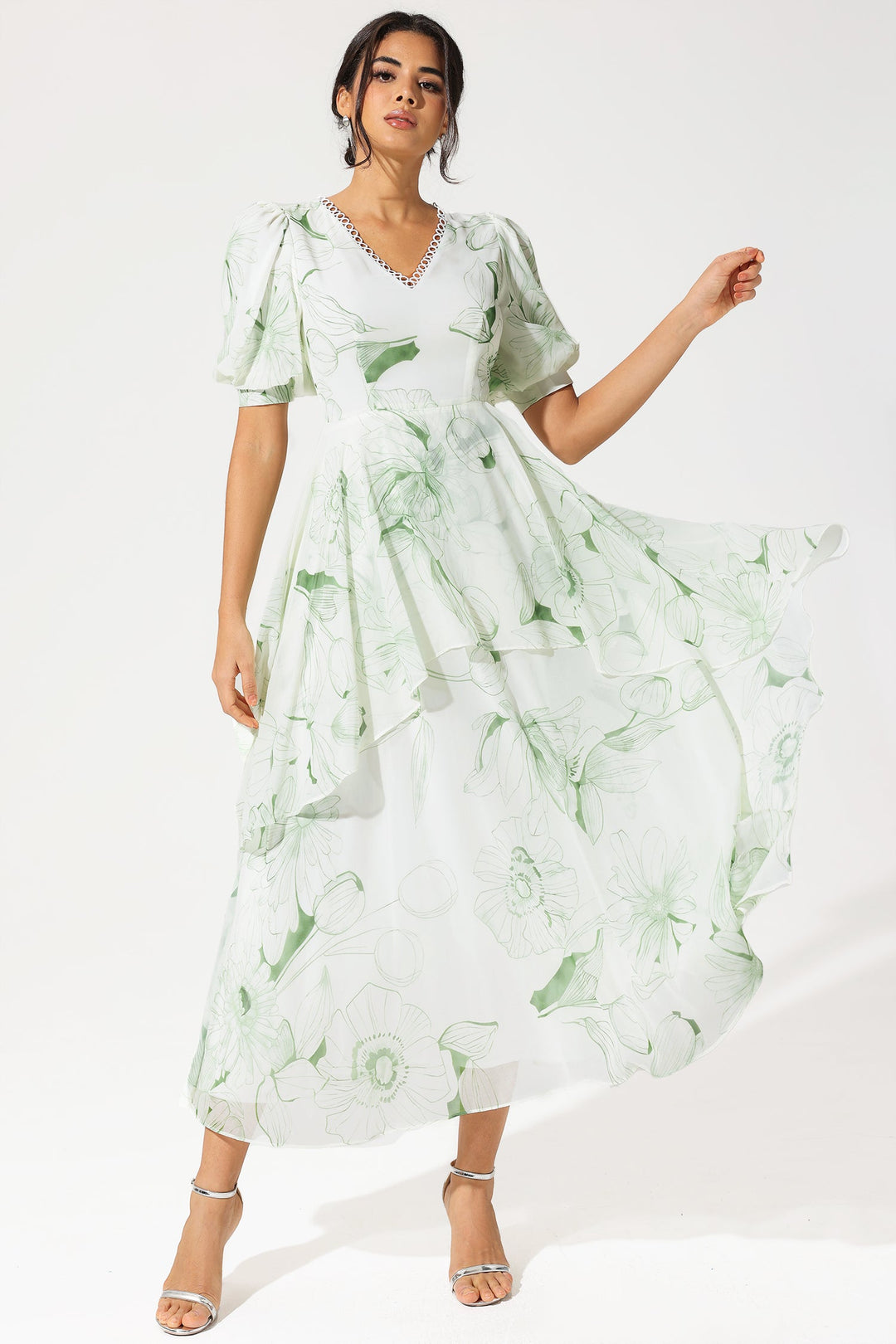 Floral Puff Sleeve V-Neck Tapered Waist Midi Dress