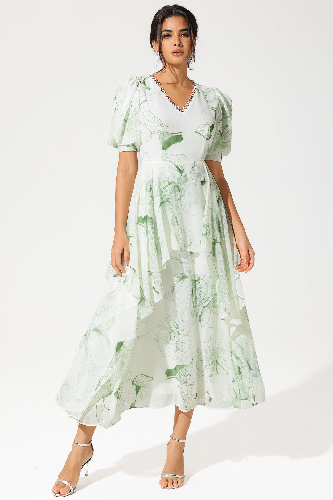 Floral Puff Sleeve V-Neck Tapered Waist Midi Dress