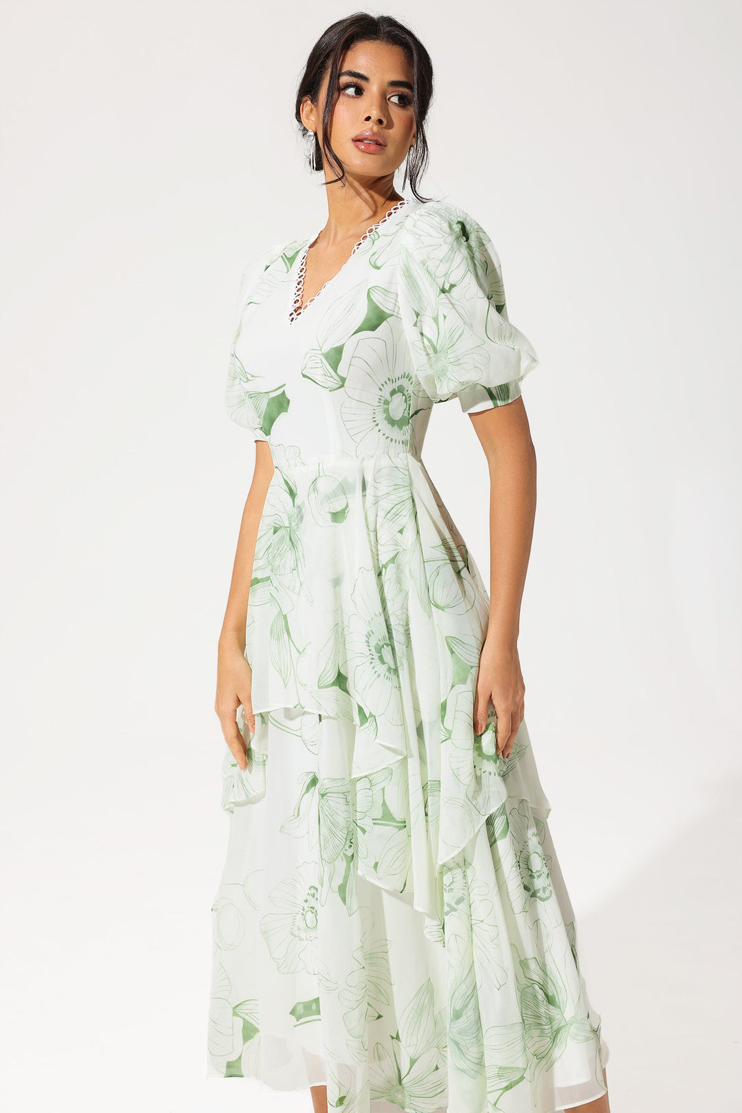 Floral Puff Sleeve V-Neck Tapered Waist Midi Dress