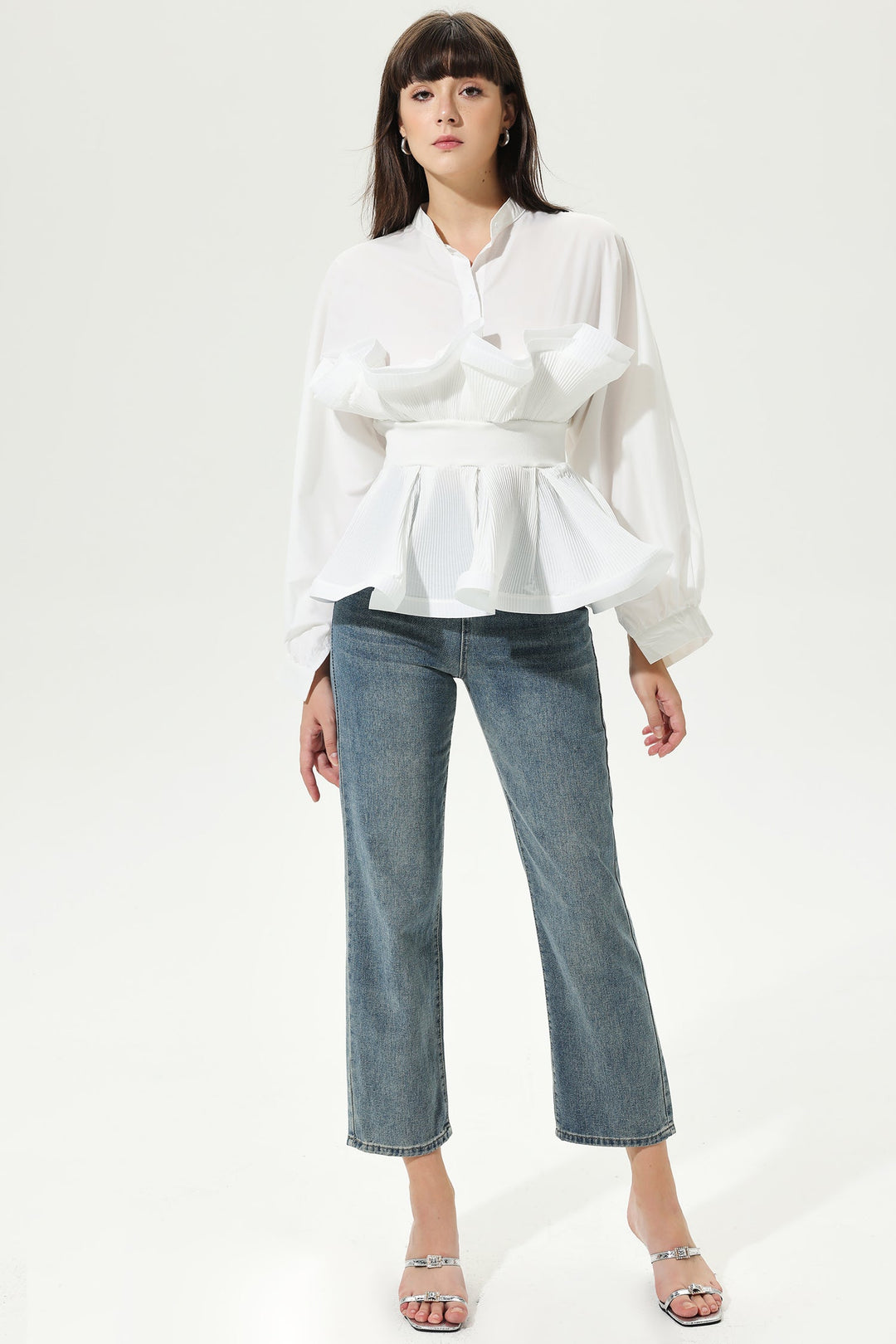 Lantern Sleeve Crew Collar Fungus Frill Belted Shirt White