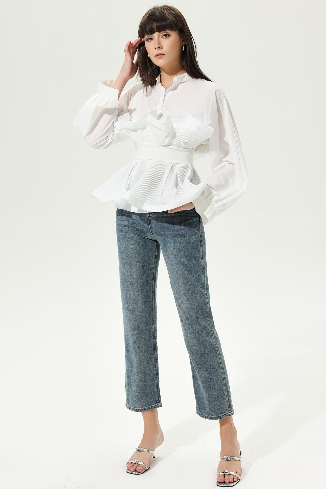 Lantern Sleeve Crew Collar Fungus Frill Belted Shirt White