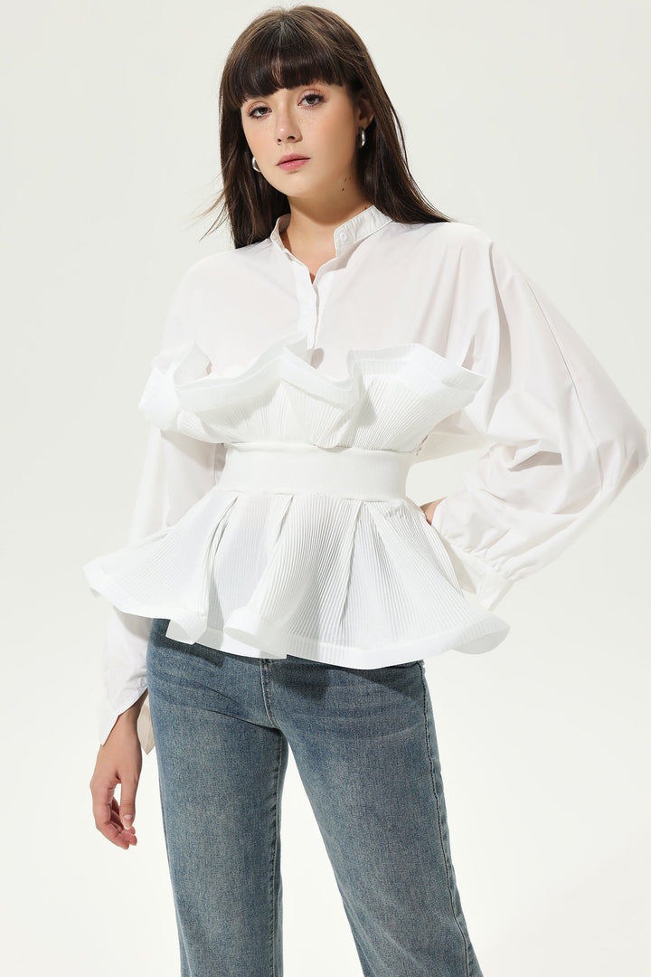 Lantern Sleeve Crew Collar Fungus Frill Belted Shirt White