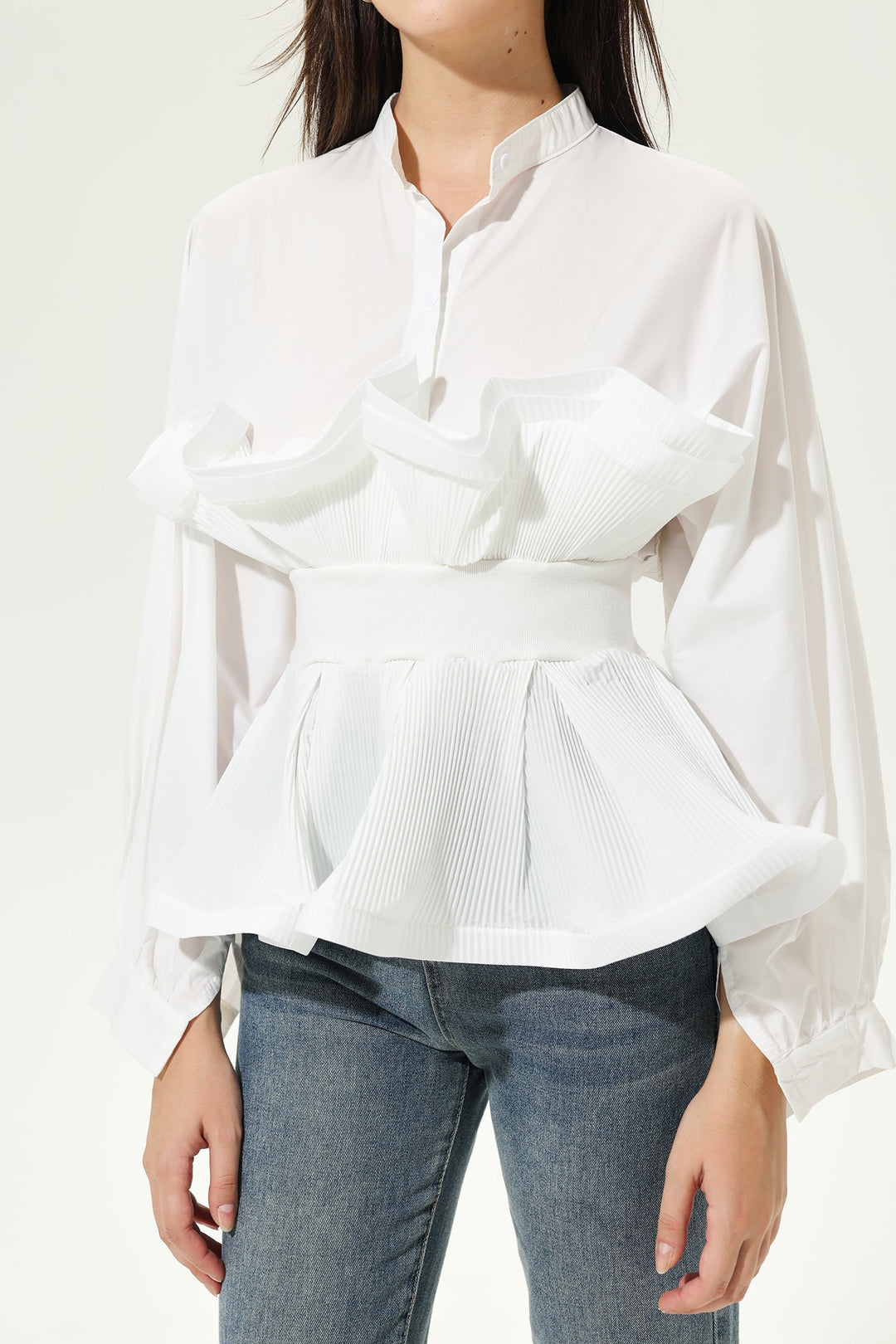 Lantern Sleeve Crew Collar Fungus Frill Belted Shirt White