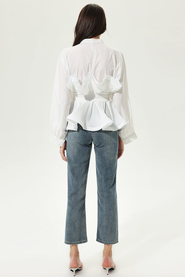 Lantern Sleeve Crew Collar Fungus Frill Belted Shirt White