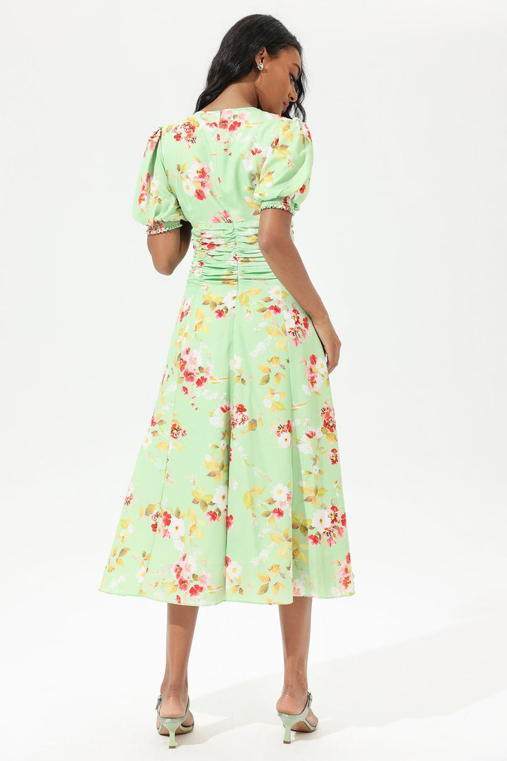 Printed Puff Sleeve Crew Collar Waist Pleated Midi Dress Green