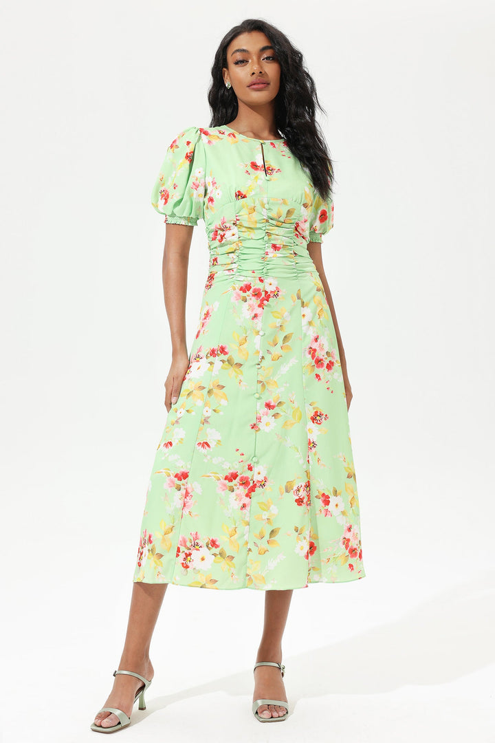 Printed Puff Sleeve Crew Collar Waist Pleated Midi Dress Green