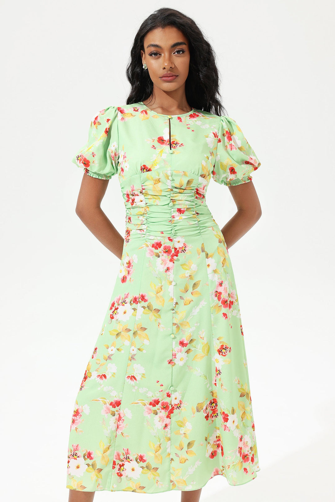 Printed Puff Sleeve Crew Collar Waist Pleated Midi Dress Green