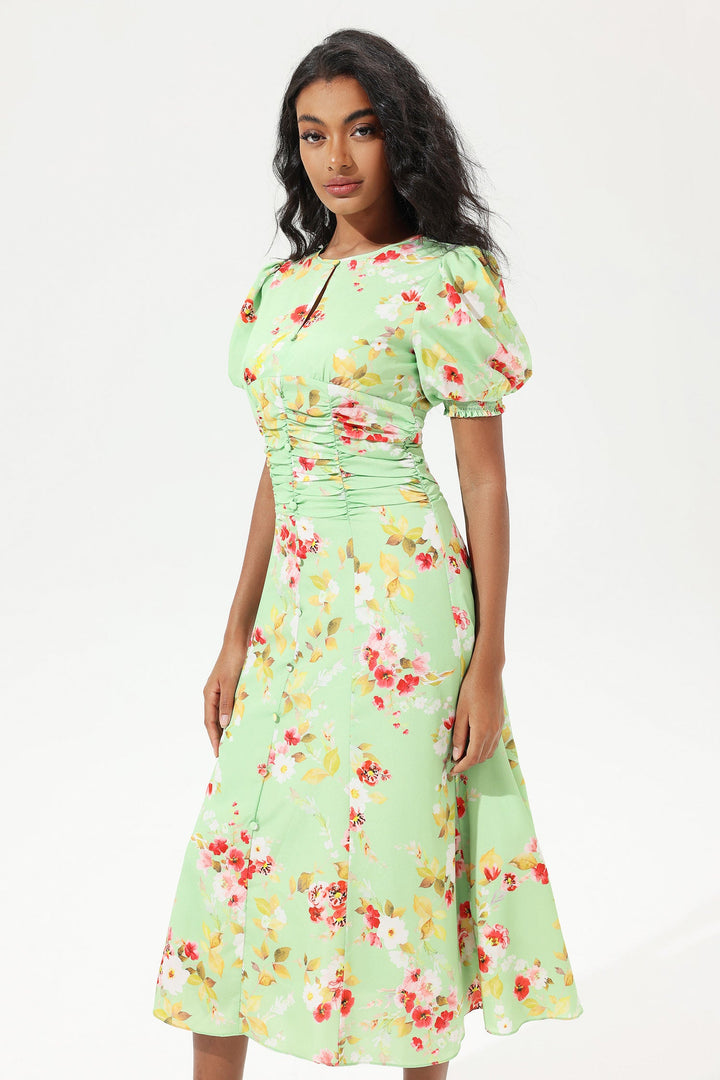 Printed Puff Sleeve Crew Collar Waist Pleated Midi Dress Green