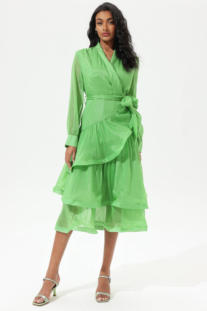 Lantern Sleeve V-Neck Lace Up Tiered Ruffled Midi Dress Green