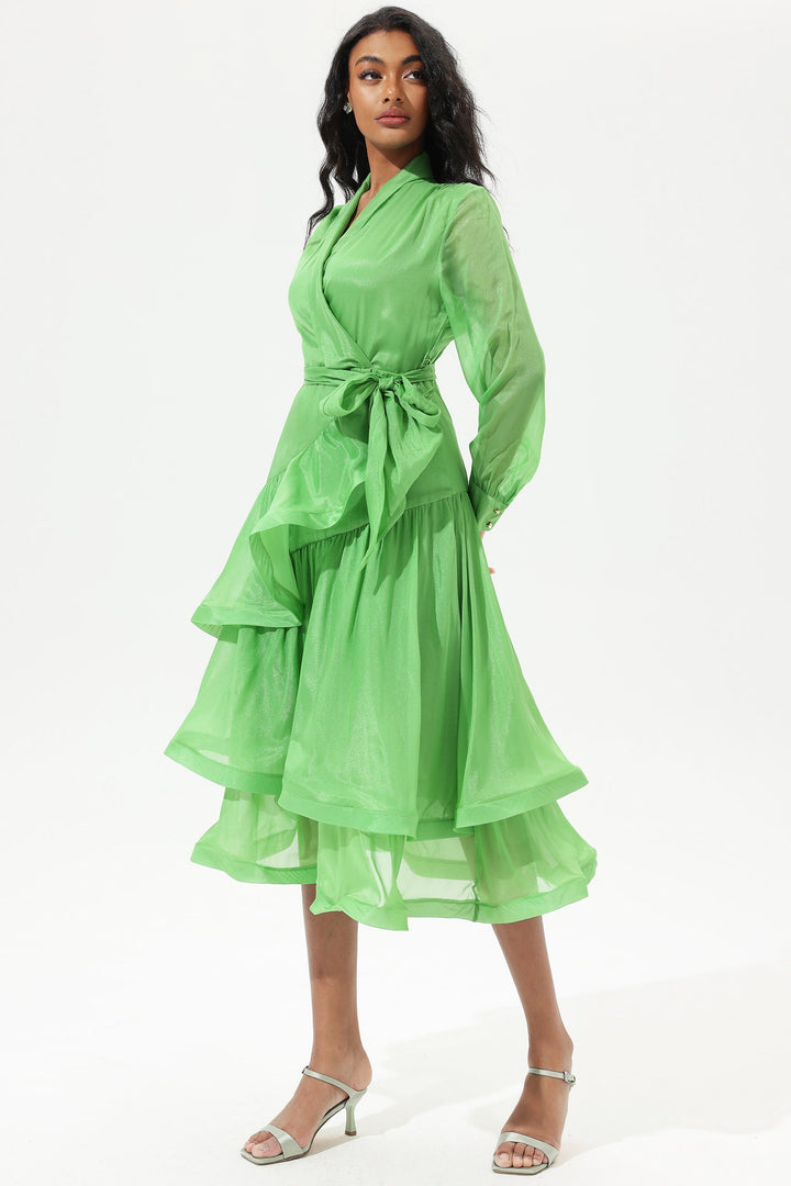 Lantern Sleeve V-Neck Lace Up Tiered Ruffled Midi Dress Green