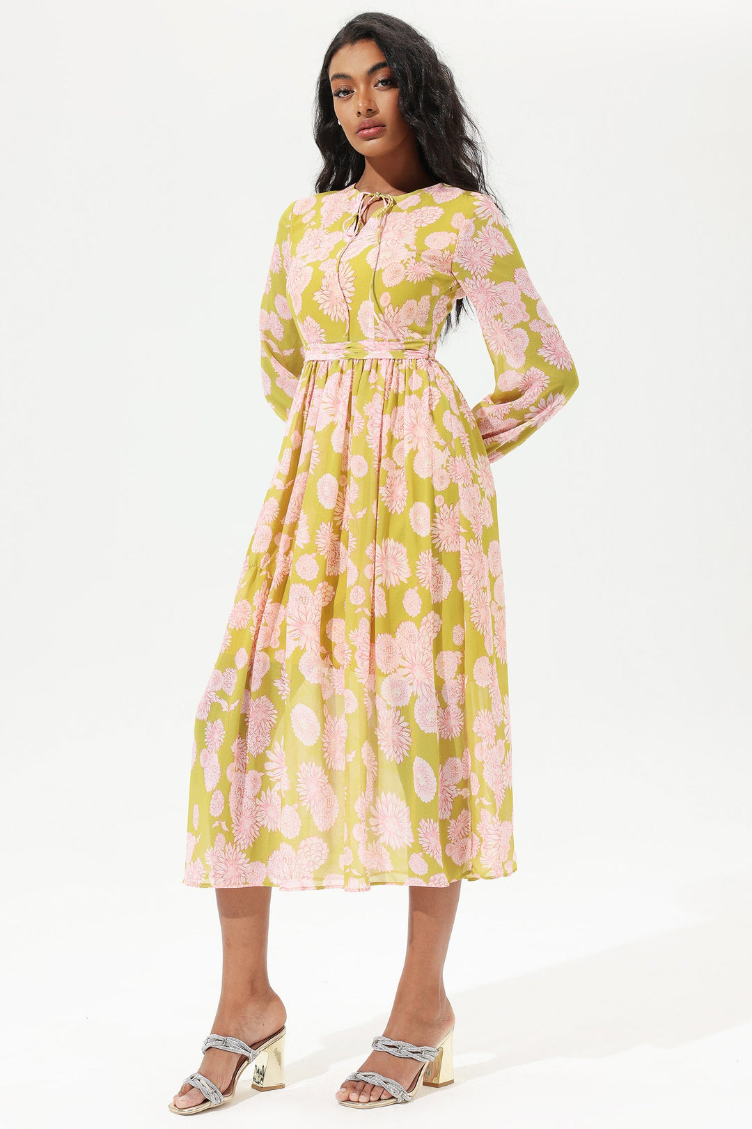 Floral Lantern Sleeve Crew Collar Lace Up Midi Dress