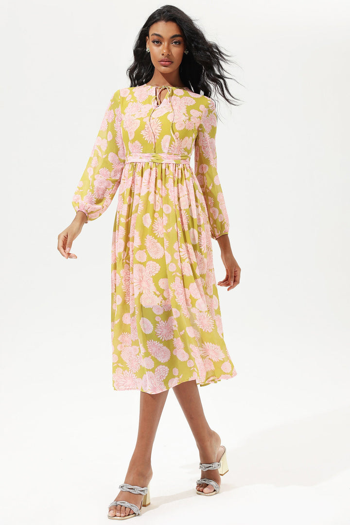 Floral Lantern Sleeve Crew Collar Lace Up Midi Dress