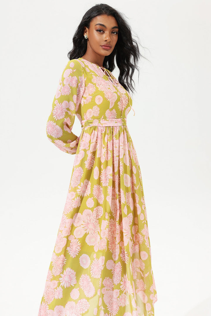 Floral Lantern Sleeve Crew Collar Lace Up Midi Dress