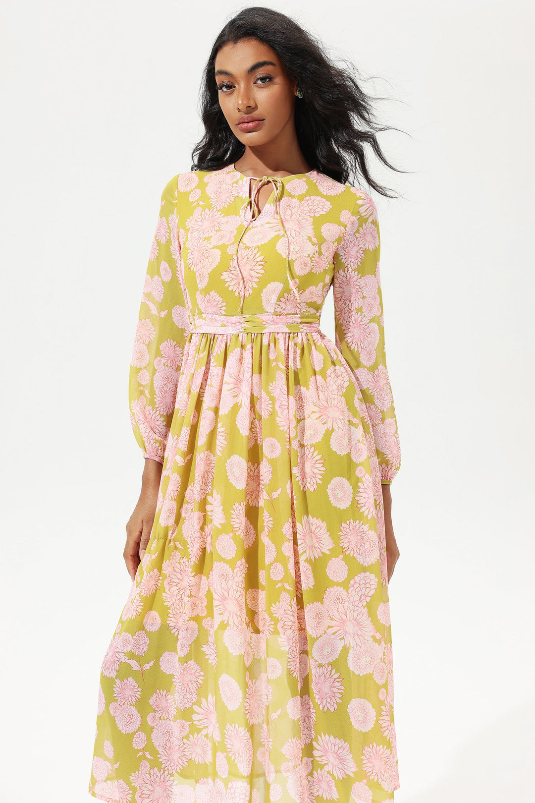 Floral Lantern Sleeve Crew Collar Lace Up Midi Dress