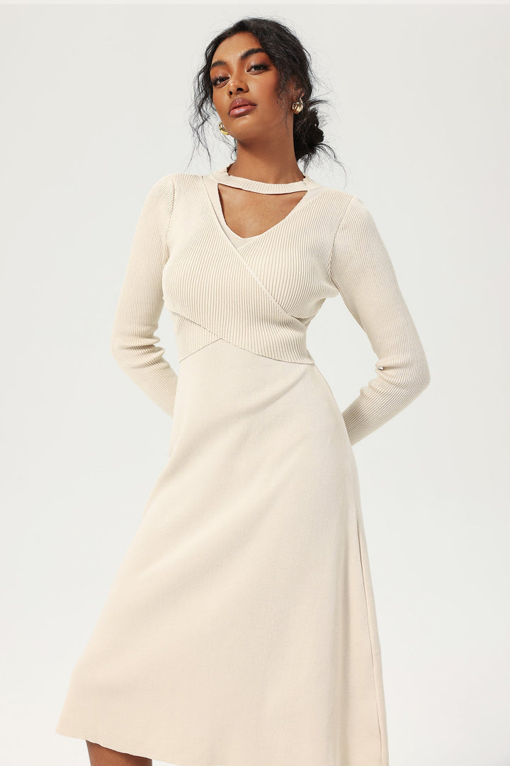 Long Sleeve Cut-Out Lace Up Knit Midi Dress Apricot