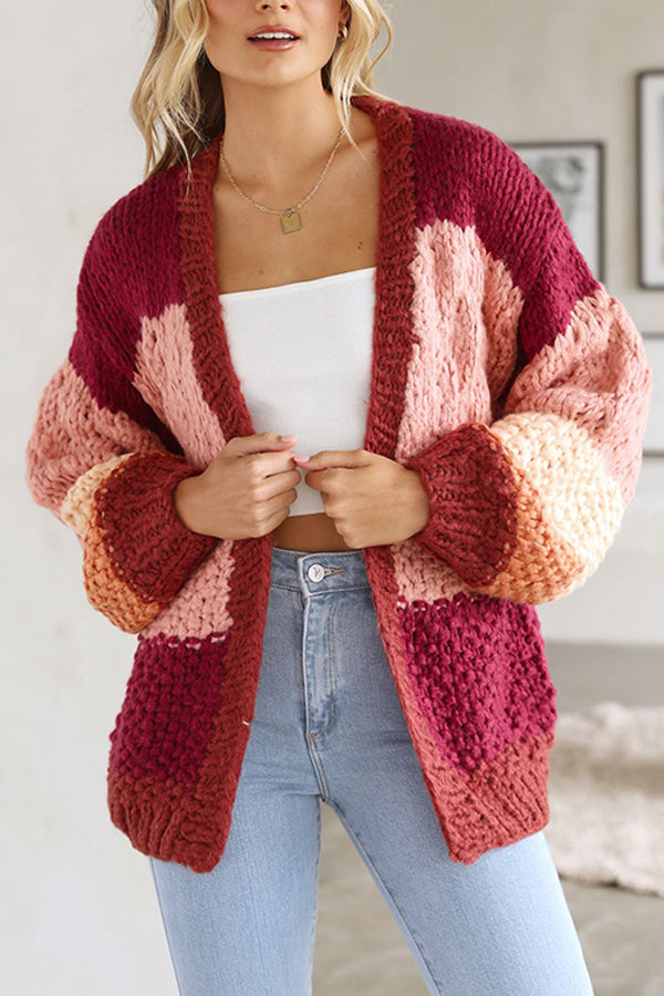 Red Striped Casual Knit Cardigan