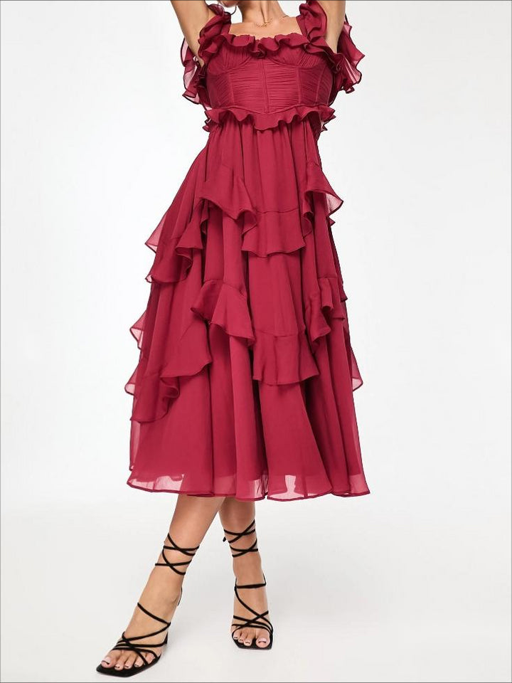 Flutter Sleeve Ruched Corset Detail Tiered Midi Dress In Berry