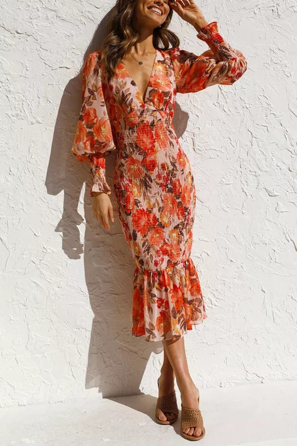 Floral Smocked Waist Midi Dress