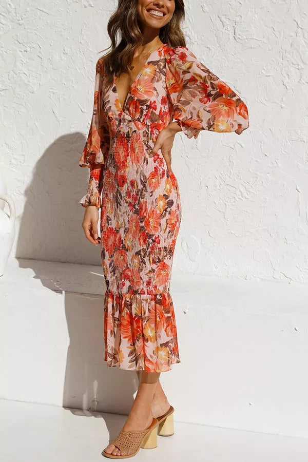 Floral Smocked Waist Midi Dress