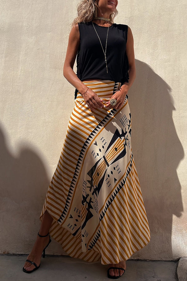 Eva satijnen maxi-rok met geometrische print en elastische taille