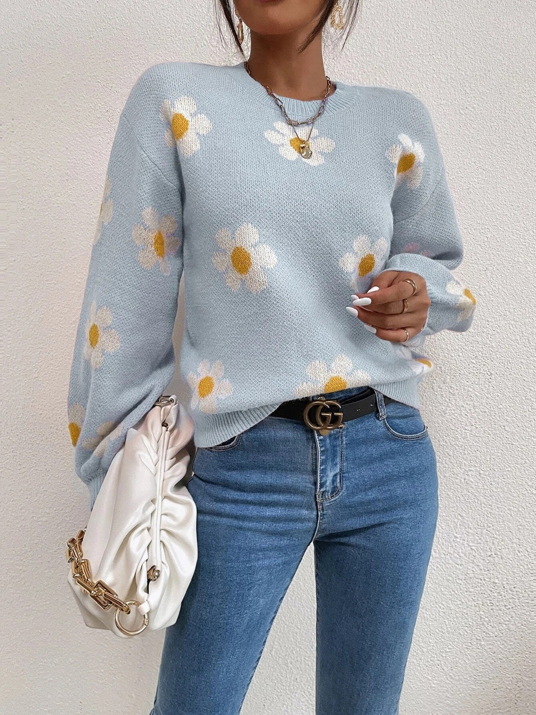 Jacquard-Strickpullover mit Blumenmuster und Rundhalsausschnitt für Damen