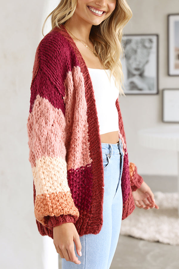 Red Striped Casual Knit Cardigan