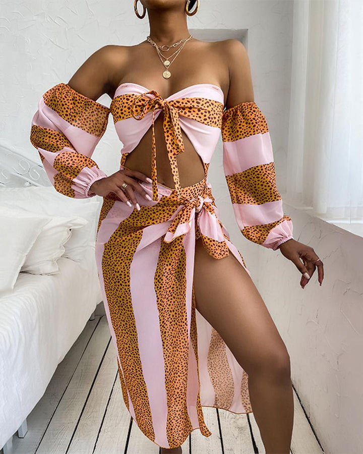 Striped Spots Print Long Sleeve Bikini Swimsuit Two-piece Suit