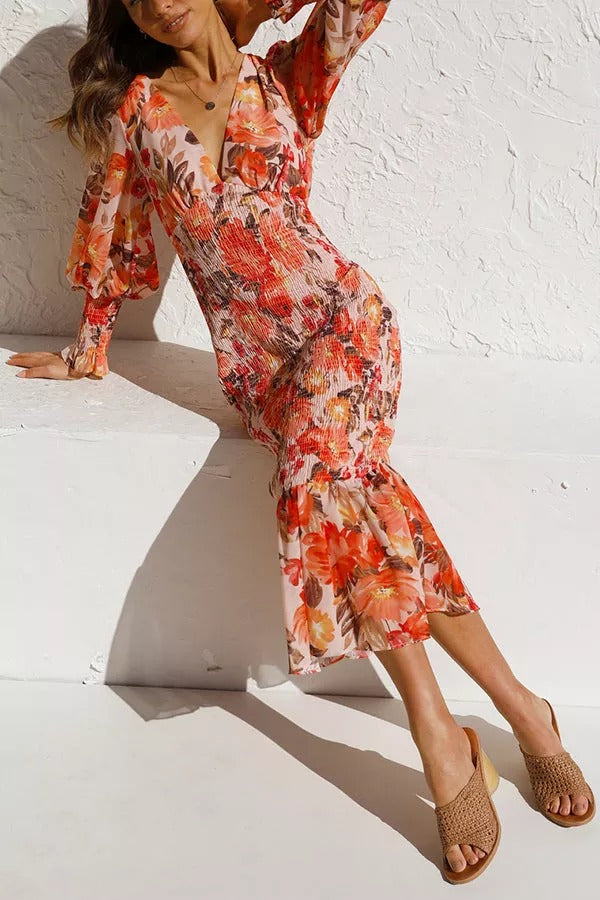 Floral Smocked Waist Midi Dress