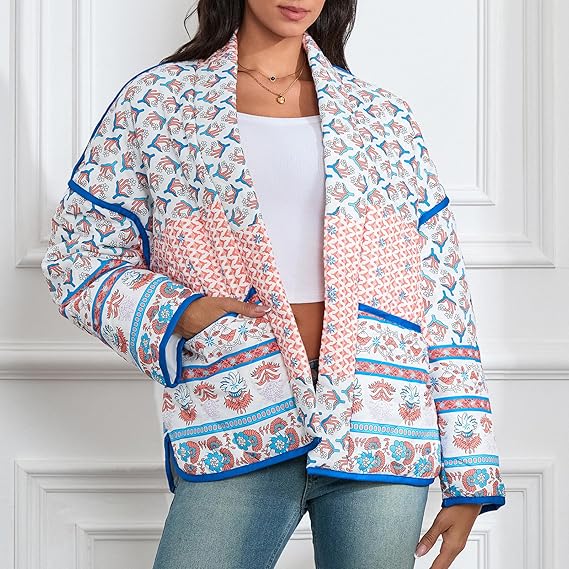 Veste matelassée fine à imprimé patchwork à revers