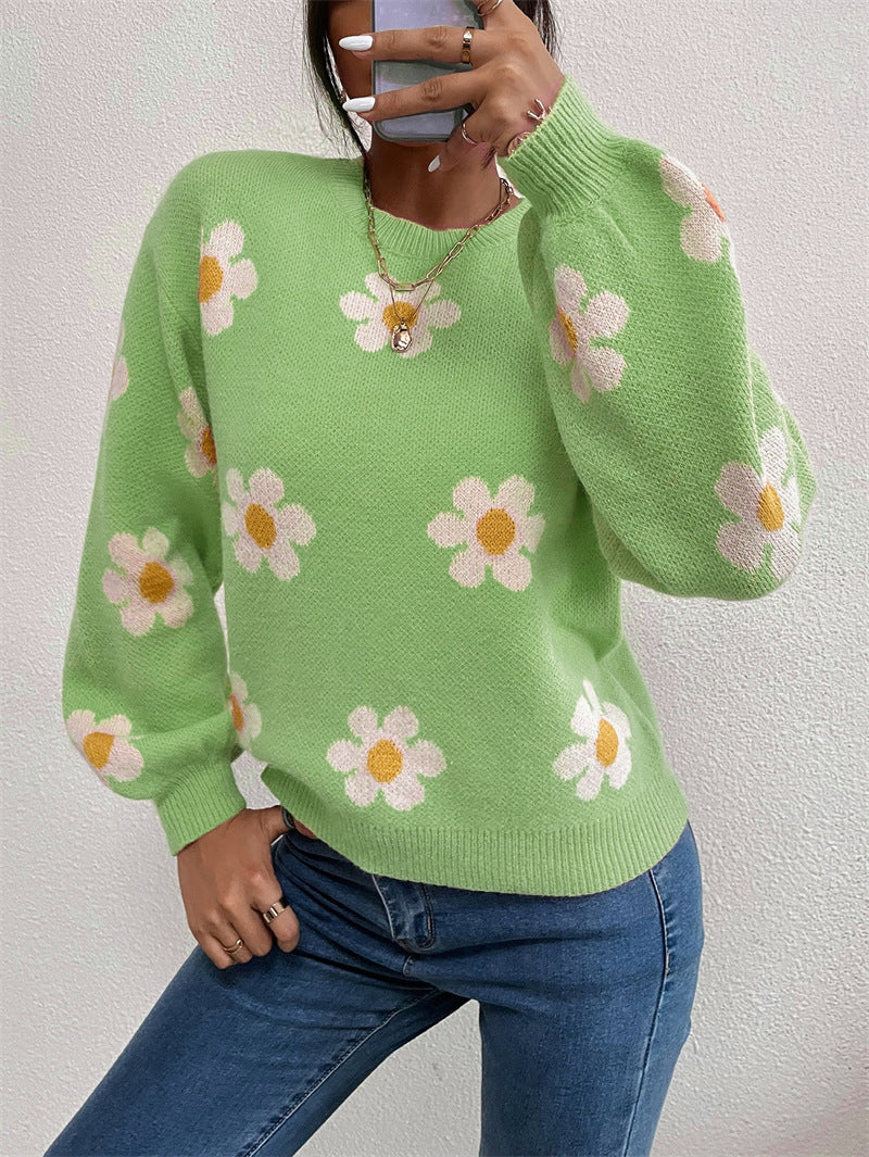 Jacquard-Strickpullover mit Blumenmuster und Rundhalsausschnitt für Damen