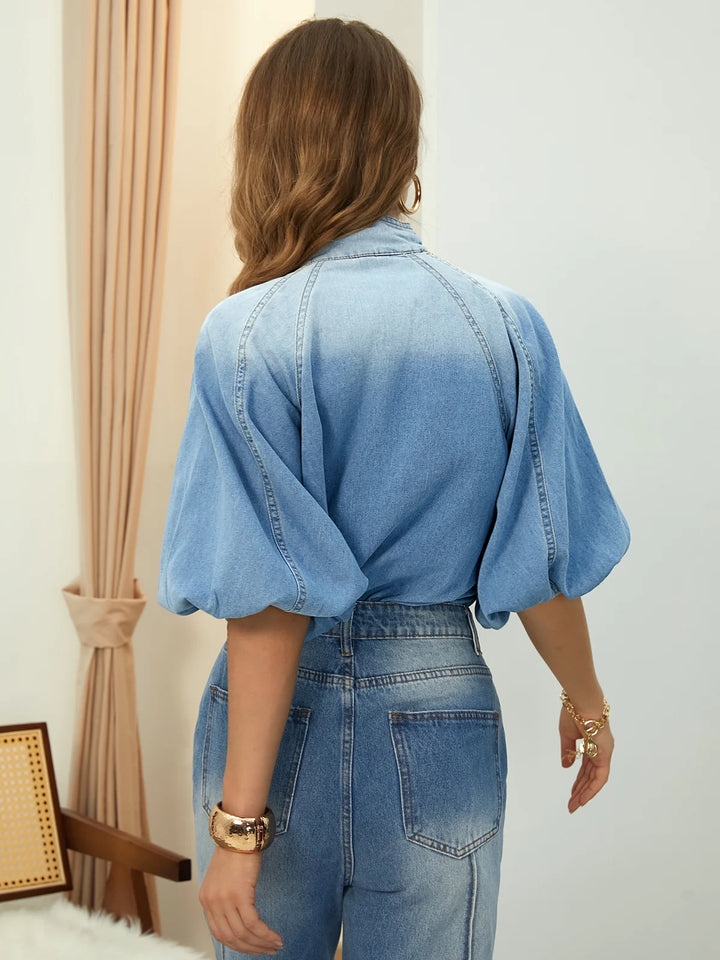 Casual Stand Collar Denim Blouse