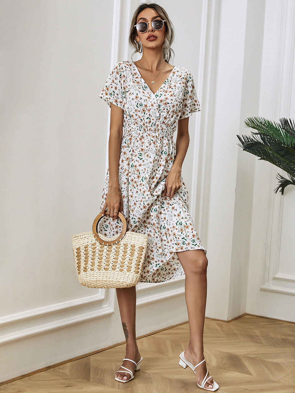 Fashion Casual Small Floral Short-sleeved Midi Dresses