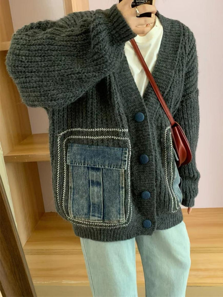 Einzigartiger Denim-Cardigan mit Patchwork-Taschen