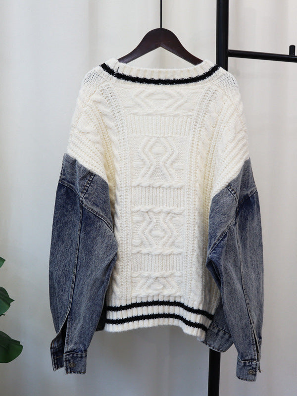 Unique Denim Patchwork Cable Knitted Cardigan