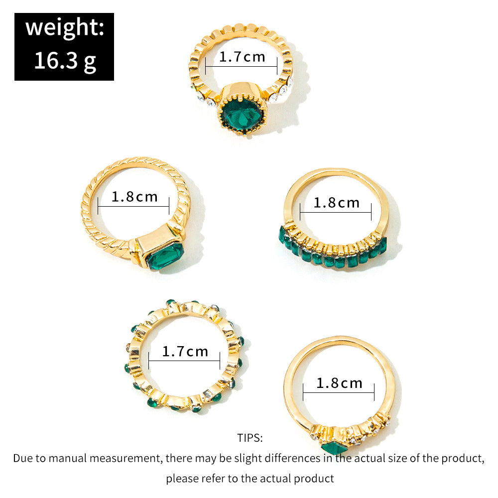 Imitation Emerald Diamond Ring Set 5 Pcs