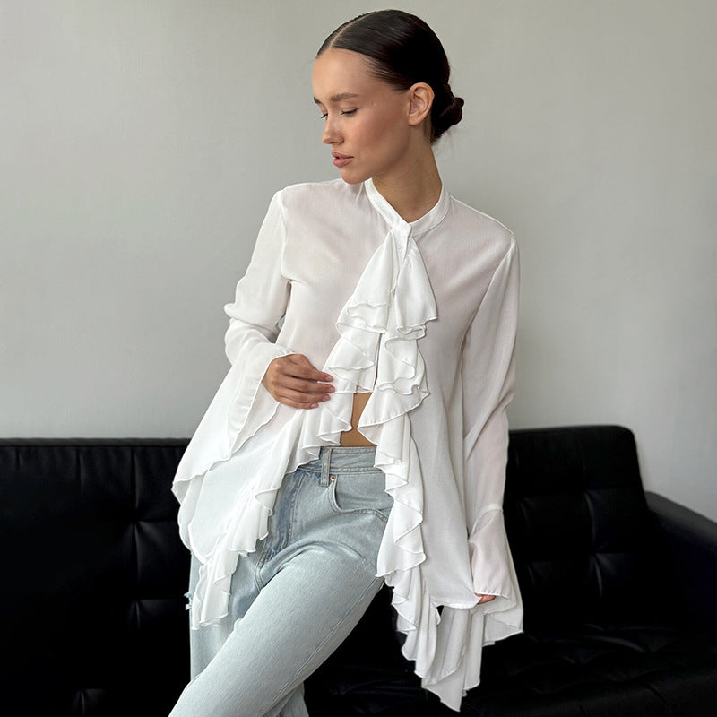 Crew Neck Bell Sleeve Sheer Chiffon Waterfall Ruffle Blouse