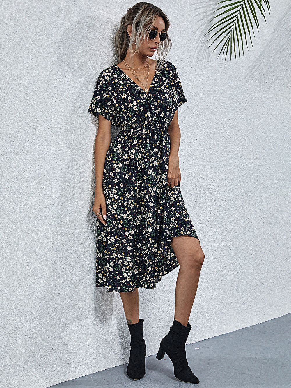 Fashion Casual Small Floral Short-sleeved Midi Dresses